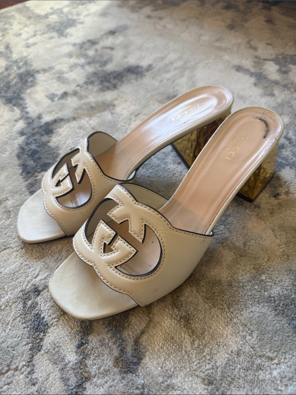 Gucci Cream Open-Toe Marmont Mules with Gold Block Heel